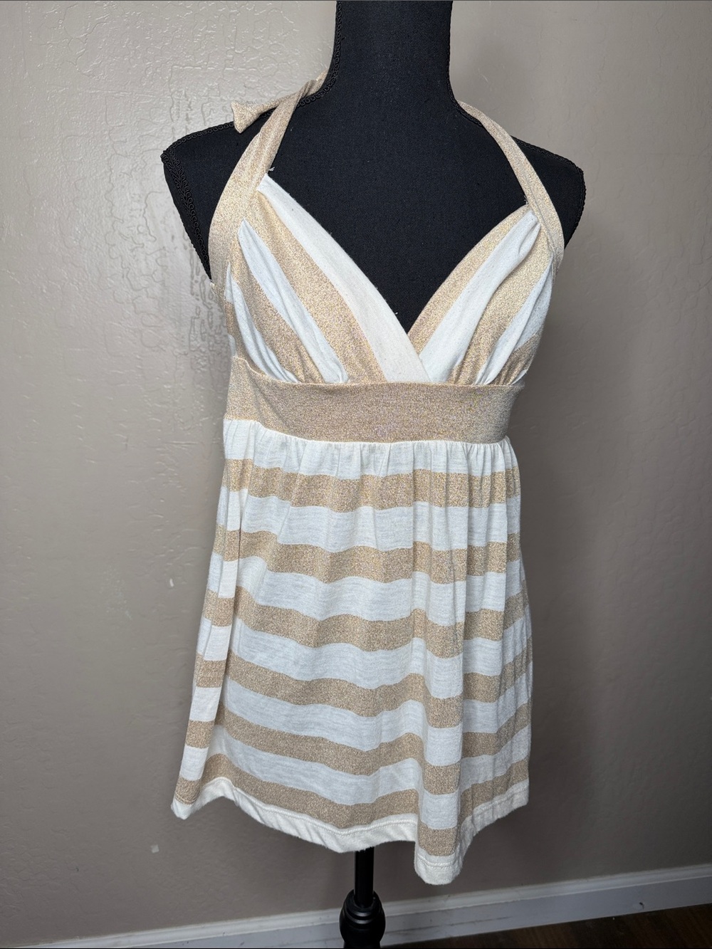 Forever 21 Cream and Tan Striped Halter Tank Top